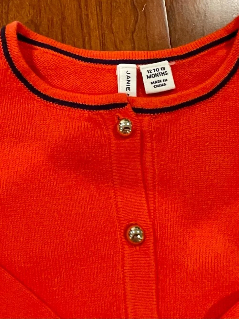 Janie and Jack Bright Coral Cardigan with Navy Trim - 12-18 mo.